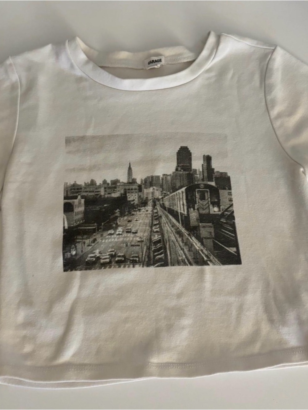 Garage White Crop Tee with Black Cityscape Print